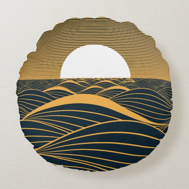 Stylized sun-moon, dark sea illustration. round pillow (Front)
