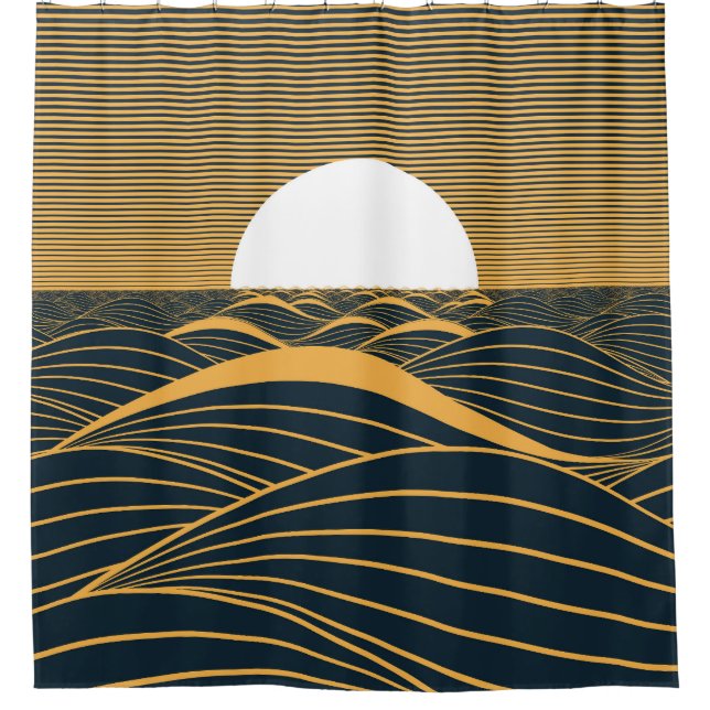 Stylized sun-moon, dark sea illustration. shower curtain (Front)