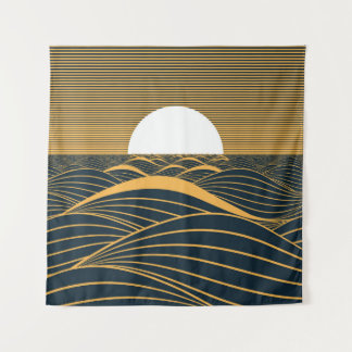 Stylized sun-moon, dark sea illustration. tapestry