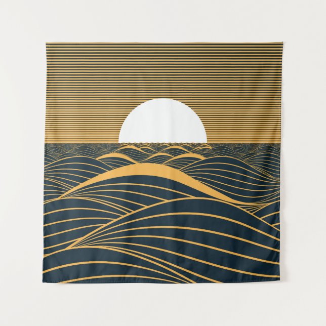 Stylized sun-moon, dark sea illustration. tapestry (Front)