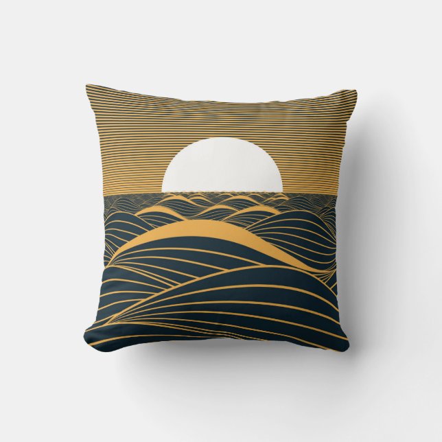 Stylized sun-moon, dark sea illustration. throw pillow (Front)