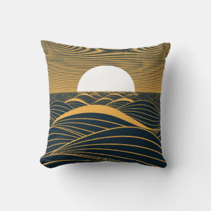 Stylized sun-moon, dark sea illustration. throw pillow