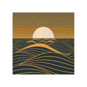 Stylized sun-moon, dark sea illustration. wood wall art