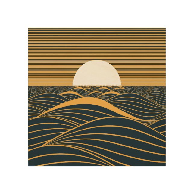 Stylized sun-moon, dark sea illustration. wood wall art (Front)