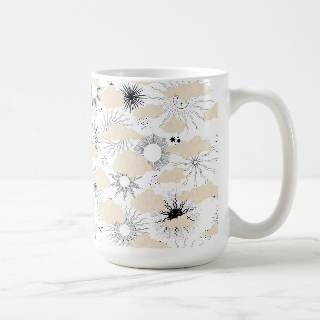 Stylized suns eclipse textured tan clouds coffee mug (Right)
