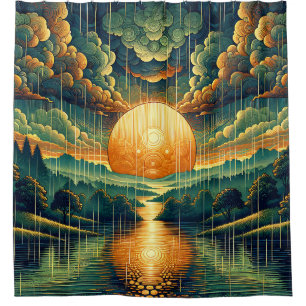 “Stylized Sunset with Reflections of Green & Gold" Shower Curtain