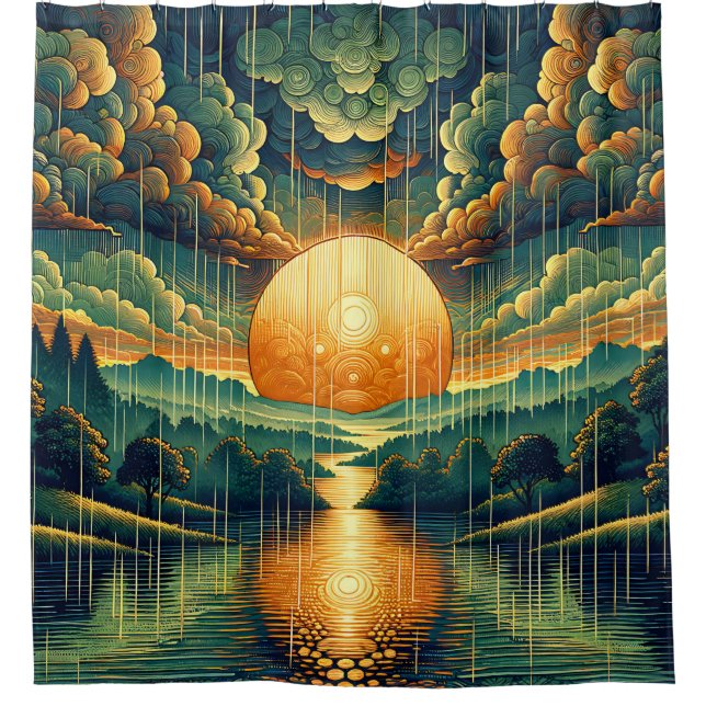 “Stylized Sunset with Reflections of Green & Gold" Shower Curtain (Front)
