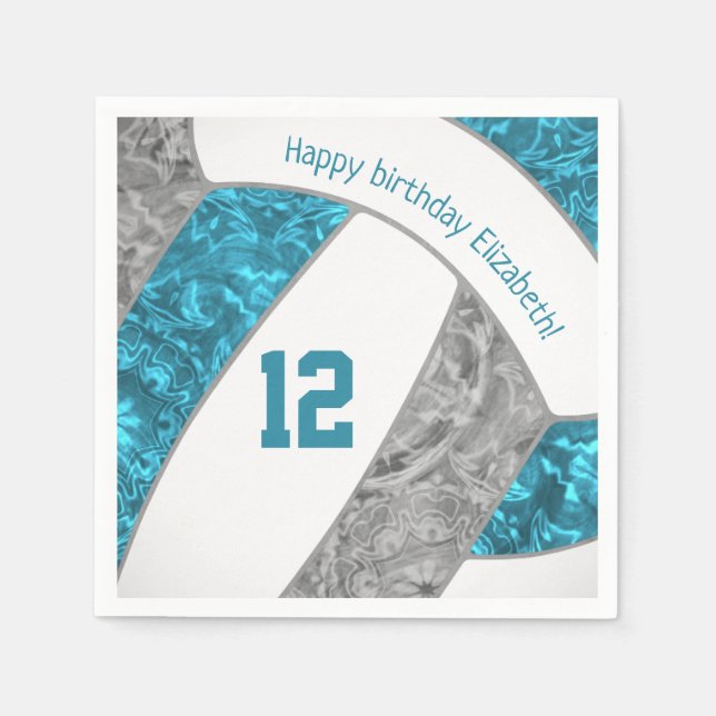 stylized teal gray girls volleyball sports napkins (Front)
