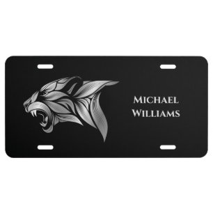 Stylized Tiger Head Silver Black Background Name License Plate