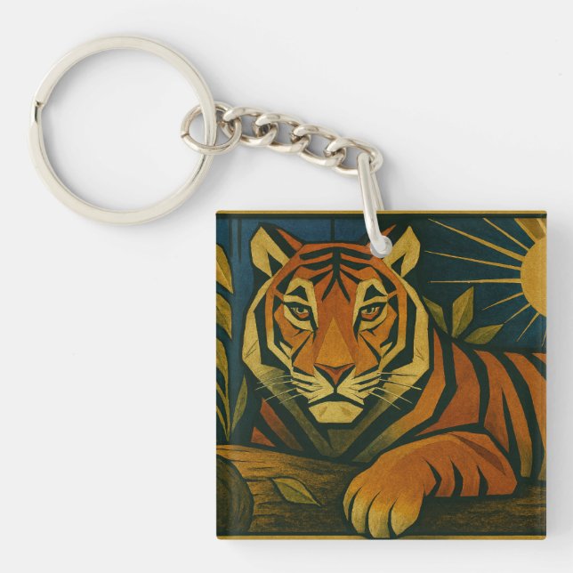 Stylized Tiger in Ornamental Sunburst Frame Keychain (Front)