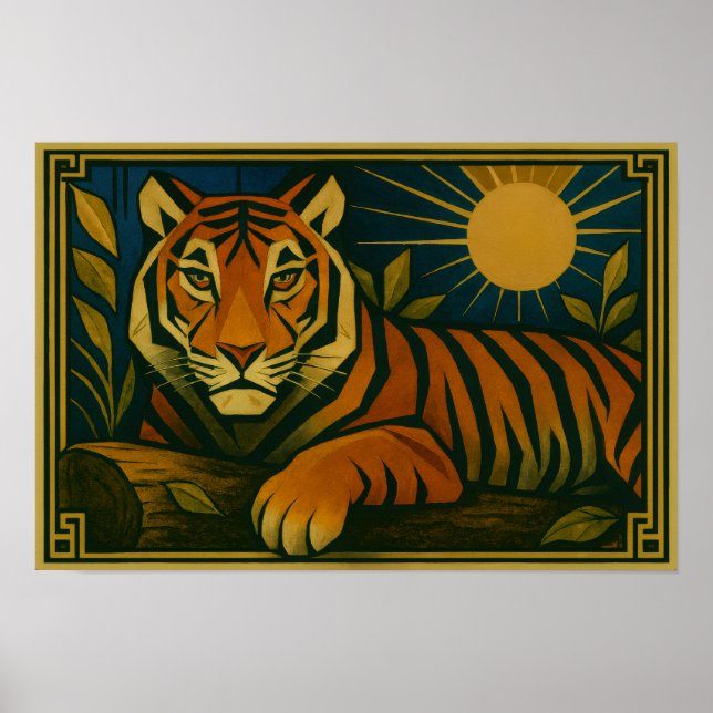 Stylized Tiger in Ornamental Sunburst Frame Poster (Front)