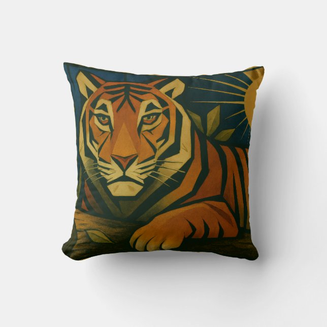 Stylized Tiger in Ornamental Sunburst Frame Throw Pillow (Front)