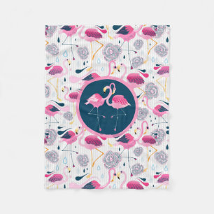 Stylized Tropical Flowers & Pink Flamingos Pattern Fleece Blanket