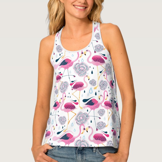 Stylized tropical Flowers & Pink Flamingos Pattern Tank Top (Front)