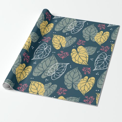 Stylized tropical leaves pattern green  yellow wrapping paper