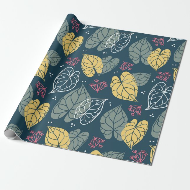 Stylized tropical leaves pattern, green & yellow wrapping paper (Unrolled)