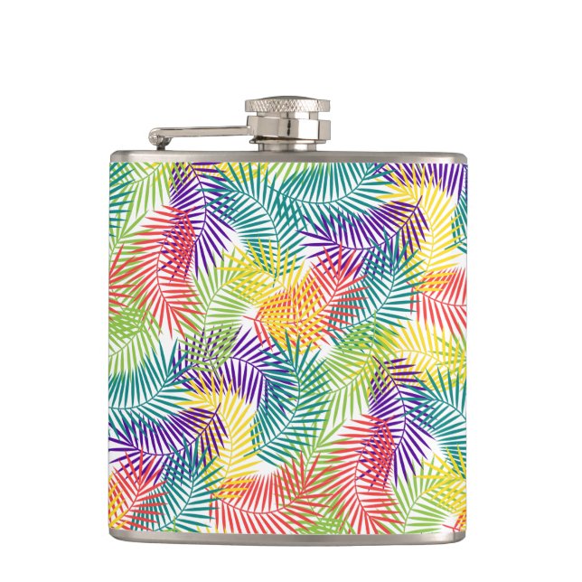 Stylized Tropical Palm Leafs Colorful Pattern Hip Flask (Front)