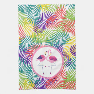 Stylized Tropical Palm Leafs & Pink Flamingos Towel