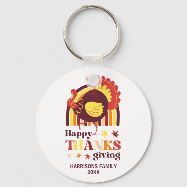 Stylized Turkey Groovy Rainbow Happy Thanksgiving Keychain (Front)