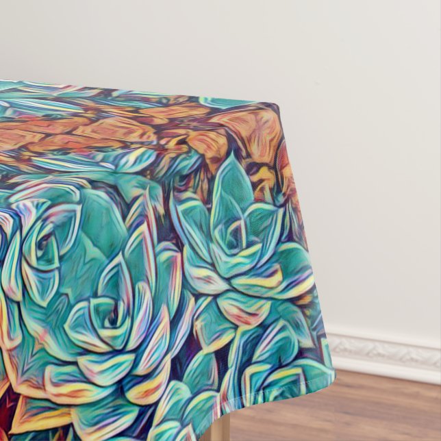 Stylized Turquoise Succulents Plants Tablecloth (In Situ)