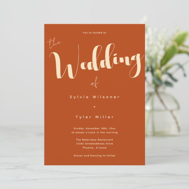 Stylized Typography Burnt Orange Wedding Invitation (Standing Front)