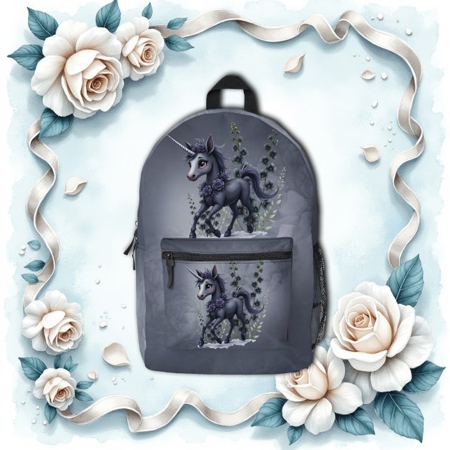 Stylized unicorn in floral splendor.  printed backpack (Creator Uploaded)