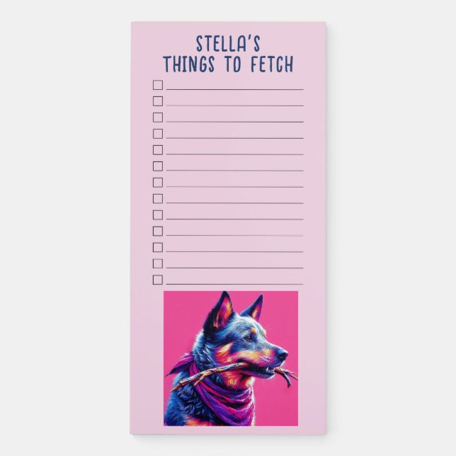 Stylized Vibrant Blue Heeler Custom Name List Magnetic Notepad (Front)