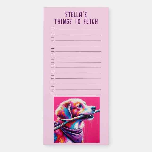 Stylized Vibrant Retriever Custom Name List Magnetic Notepad (Front)