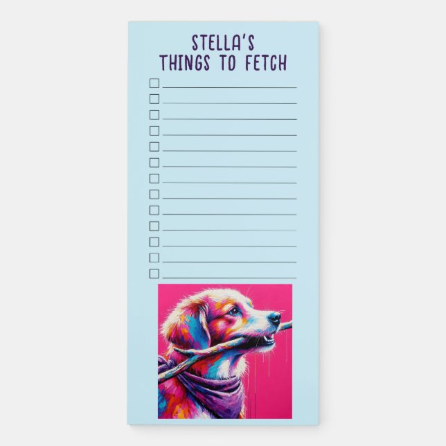Stylized Vibrant Retriever Custom Name List Magnetic Notepad (Front)
