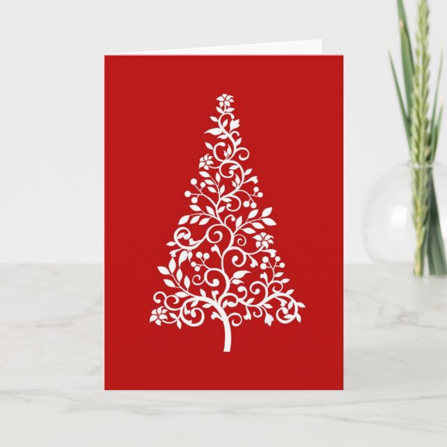 Stylized White Christmas tree on red holiday card (Front)