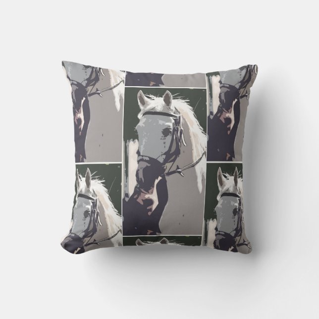 Stylized White Horse Head Pattern Throw Pillow (Front)