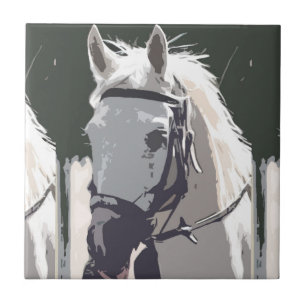 Stylized White Horse Head Sketch Ceramic Tile
