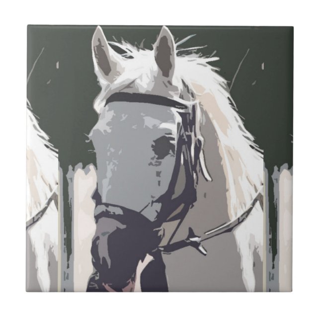 Stylized White Horse Head Sketch Ceramic Tile (Front)