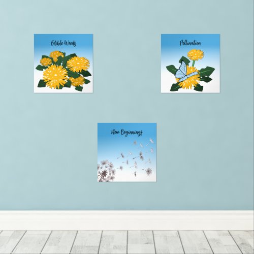 Stylized Wildflower Dandelion & Butterfly Yellow Wall Art Sets