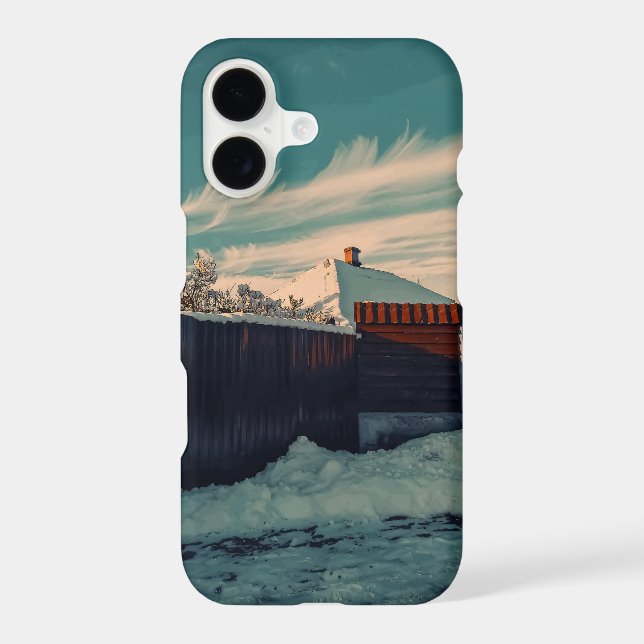 Stylized Winter Snow Cabin Teal Sky Art Case-Mate iPhone Case (Back)