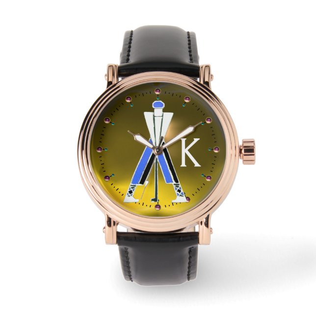 STYLIZED YELLOW BLUE GOLFER,GOLF PLAYER MONOGRAM WATCH (Front)