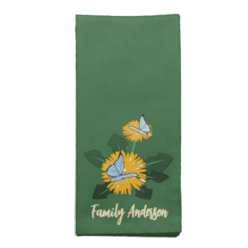 Stylized Yellow Dandelion Butterflies Green Cloth Napkin