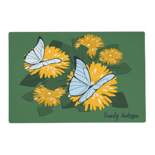 Stylized Yellow Dandelion Butterflies Green Placemat