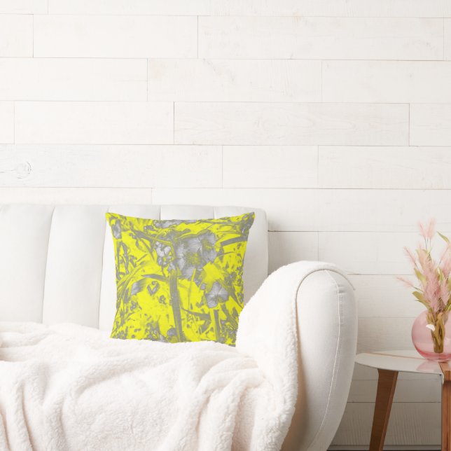 Stylized Yellow Grey Flowers Floral Throw Pillow (Couch)