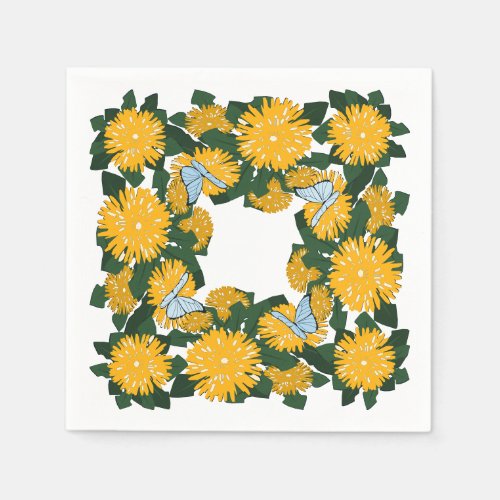 Stylized Yellow Wildflower Dandelion Butterflies Napkins