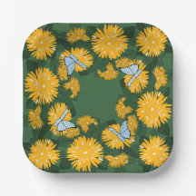 Stylized Yellow Wildflower Dandelion Butterflies