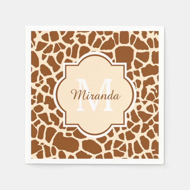 Stylsih Brown Giraffe Print Monogram and Name Napkins (Front)