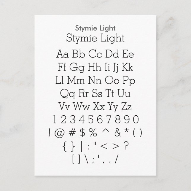Stymie Light - Zazzle Font Sampler Sheet Postcard (Front)