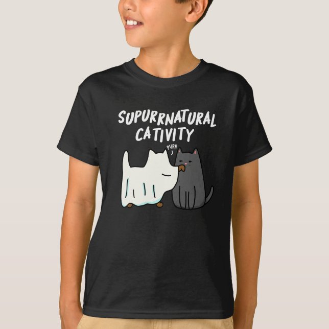 Su-purr-natural Cativity Funny Cat Pun Dark BG T-Shirt (Front)