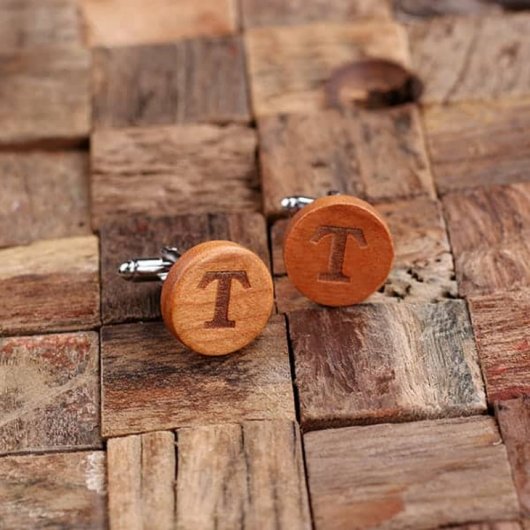Suave Engraved Monogram Round Wooden Cufflinks (Front)