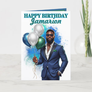 Suave Navy Blue Suit African American Birthday Card