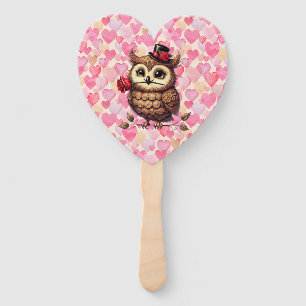 suave Owl with colorful hearts Valentine's Day Hand Fan