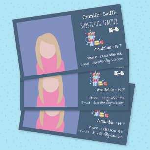 Sub Teacher Dark Blue Business Card with Photo