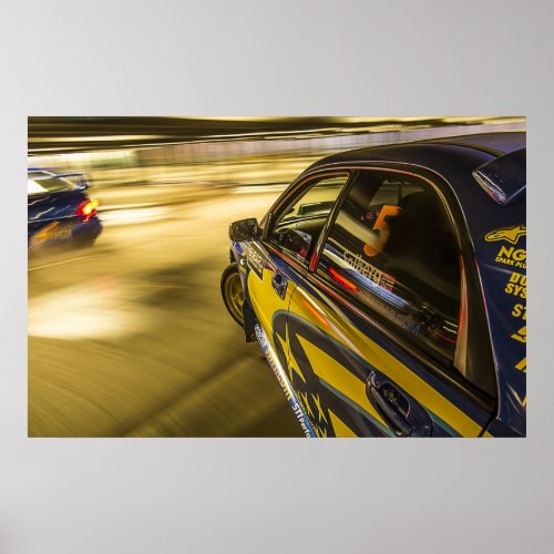 Subarus racing in an underground car park poster