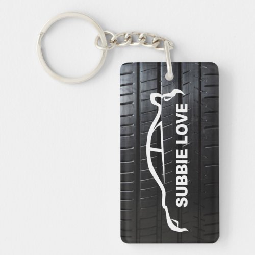 Subbie Love STI white silhouette with tire tread Keychain
